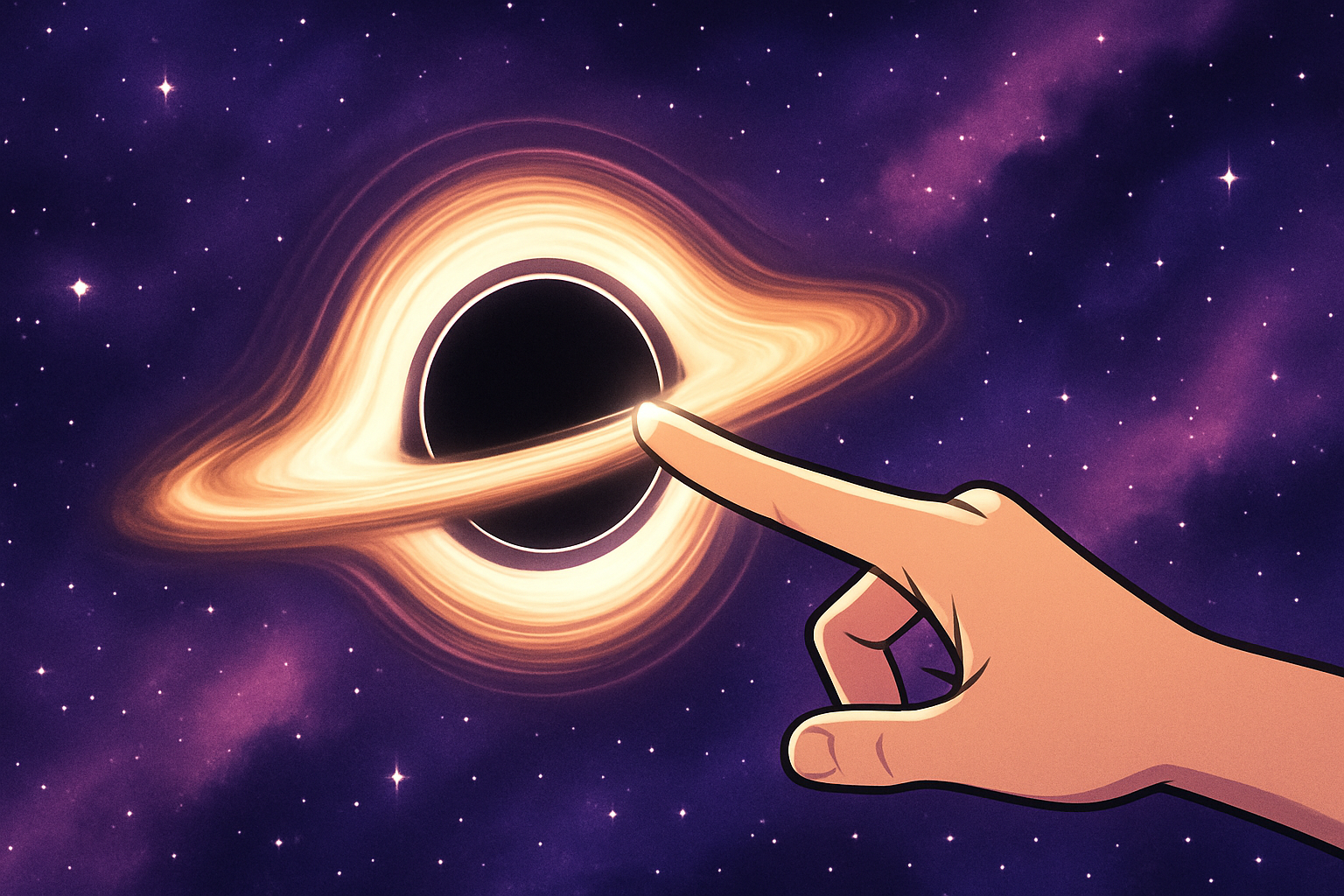 Cosmic art depicting a hand reaching out to gently touch a stylized black hole
