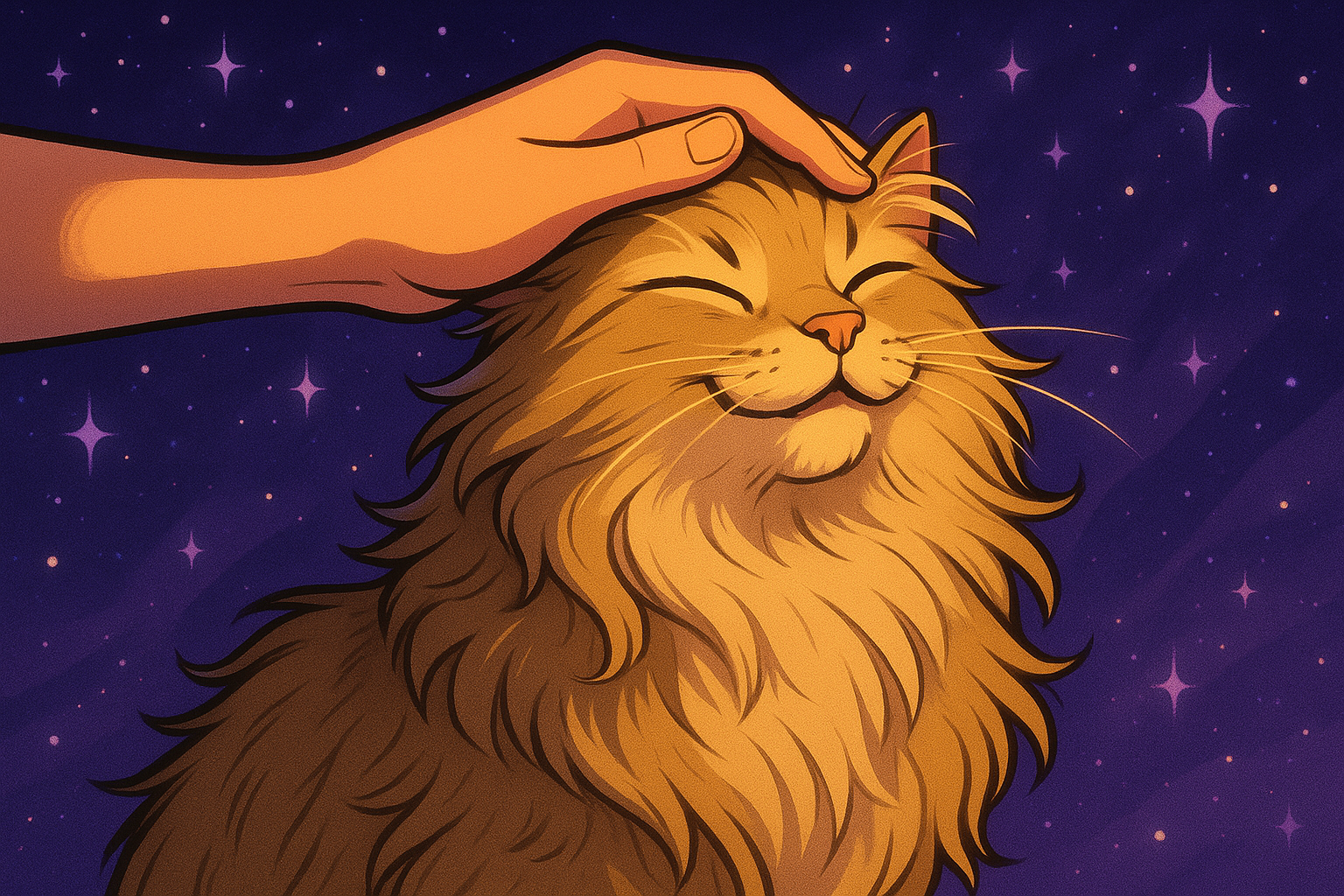 Whimsical illustration of a person gently petting a happy, fluffy cat